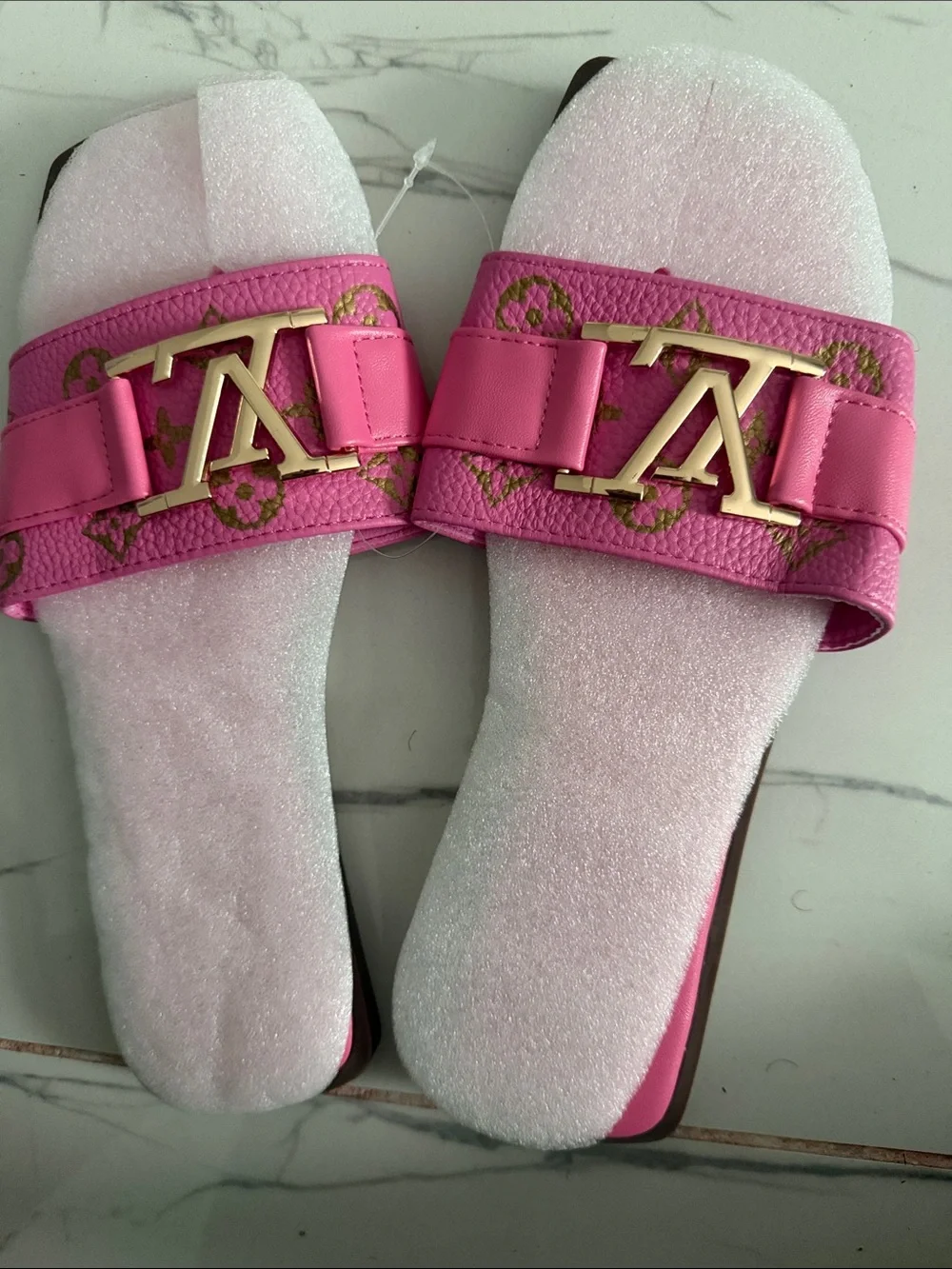 Pink Designer-Inspired Slide Sandals with Gold Logo Accent